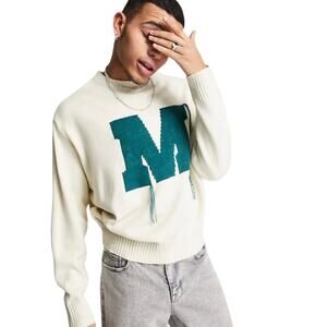 ASOS Mennace varsity knitted sweater in off white with green embroidery XS